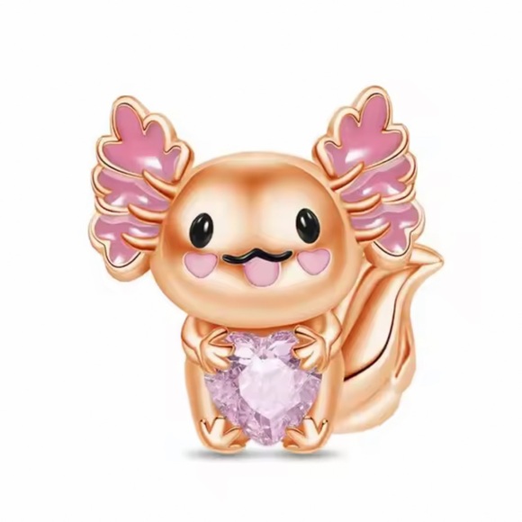 NWOT Mexican Axolotl Embraces Heart Gemstone Bead Charm Sterling Silver 925 - Picture 1 of 11